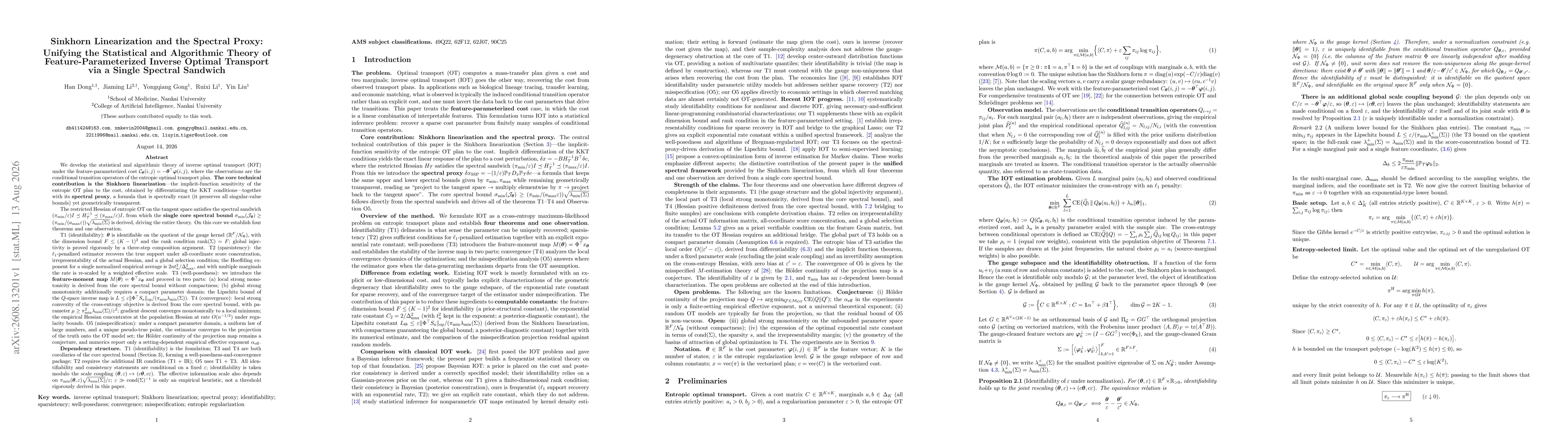 Thumbnail for Sinkhorn Linearization and the Spectral Proxy: Unifying the Statistical and Algorithmic Theory of Feature-Parameterized Inverse Optimal Transport via a Single Spectral Sandwich