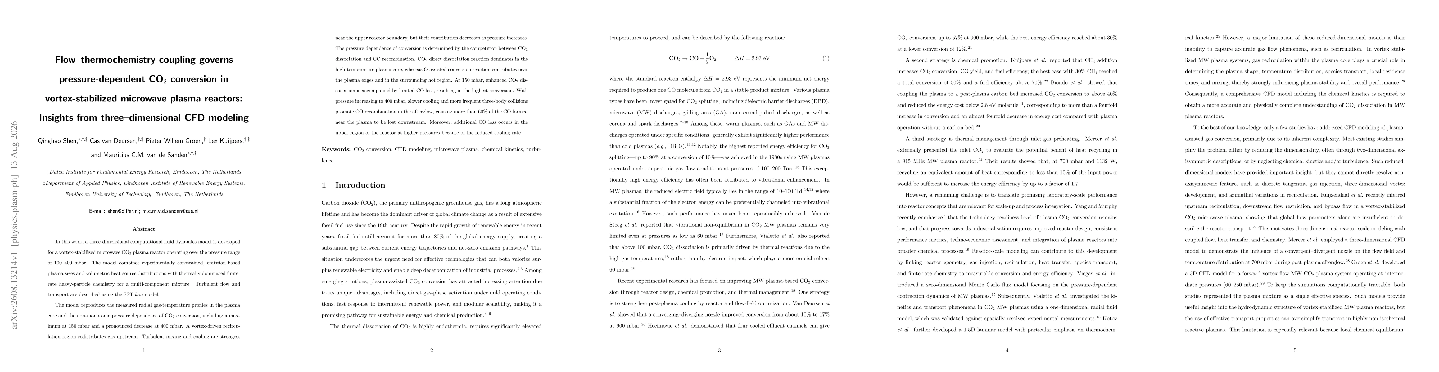 Thumbnail for Flow-thermochemistry coupling governs pressure-dependent CO$_2$ conversion in vortex-stabilized microwave plasma reactors: Insights from three-dimensional CFD modeling