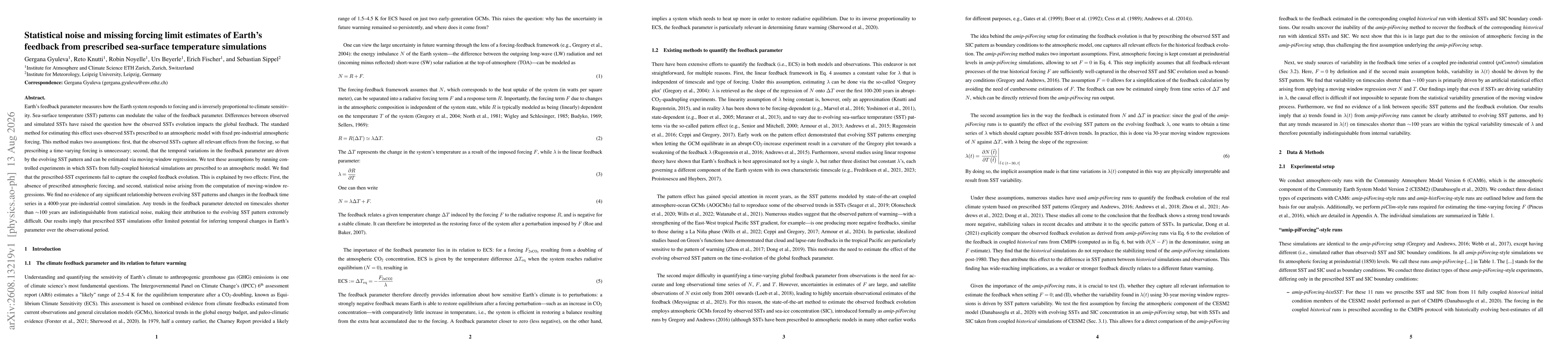 Thumbnail for Statistical Noise and Missing Forcing Limit Estimates of Earth's Feedback from Prescribed Sea-Surface Temperature Simulations