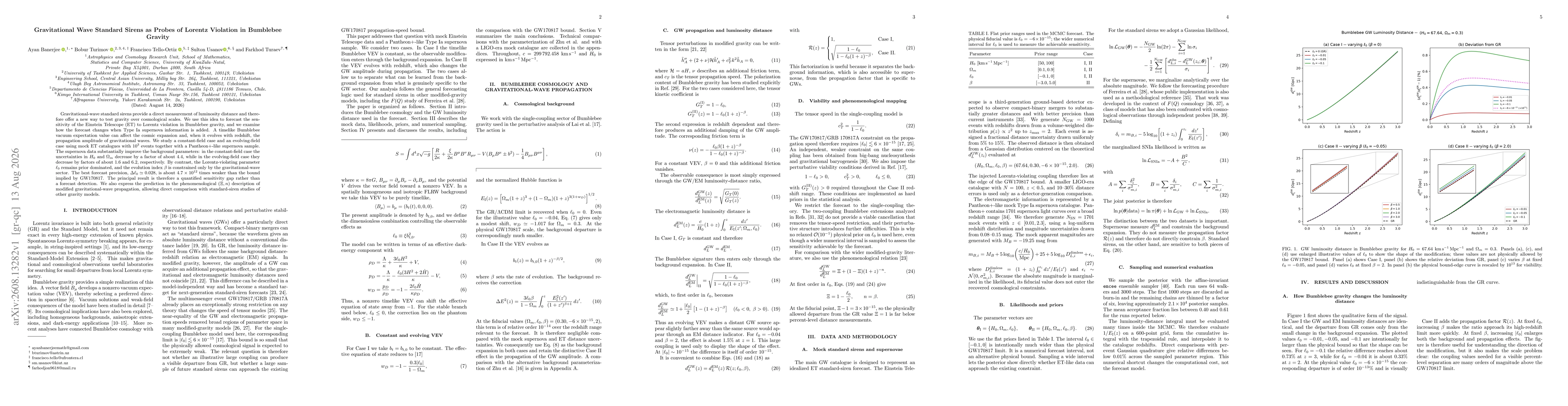 Thumbnail for Gravitational Wave Standard Sirens as Probes of Lorentz Violation in Bumblebee Gravity