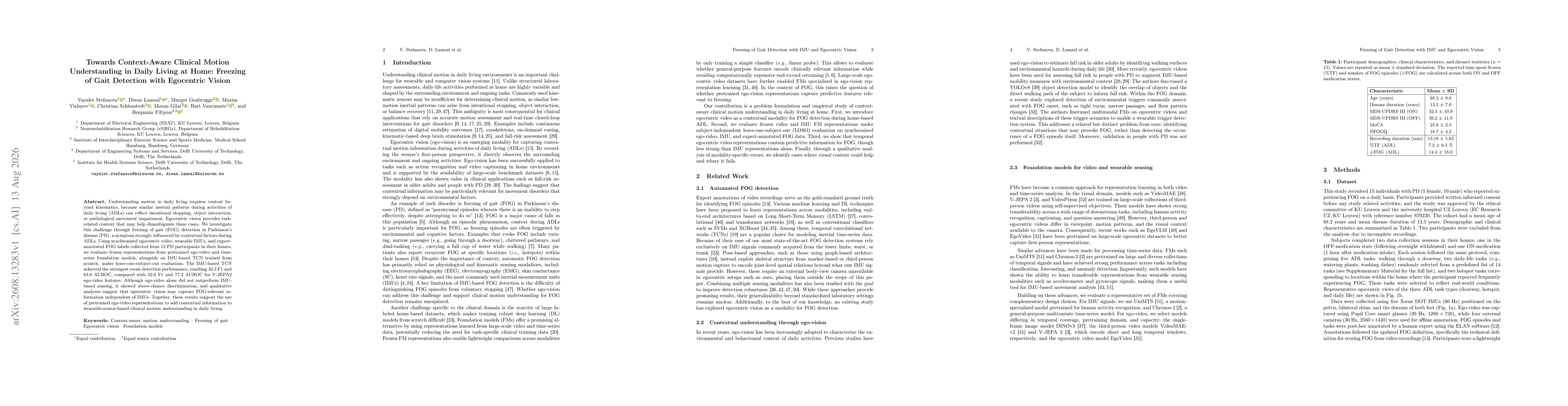 Thumbnail for Towards Context-Aware Clinical Motion Understanding in Daily Living at Home: Freezing of Gait Detection with Egocentric Vision