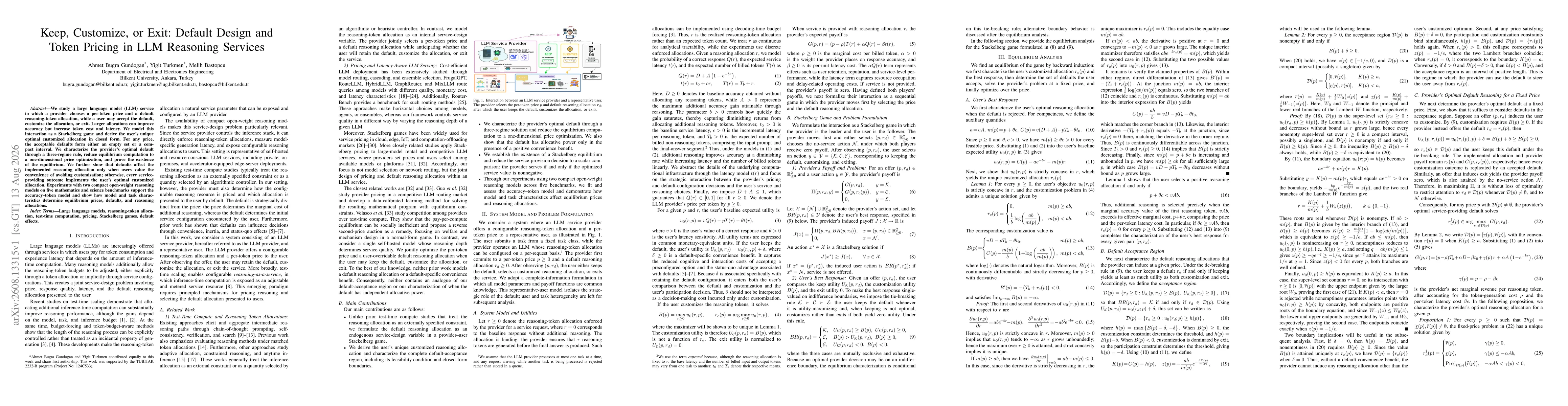 Thumbnail for Keep, Customize, or Exit: Default Design and Token Pricing in LLM Reasoning Services