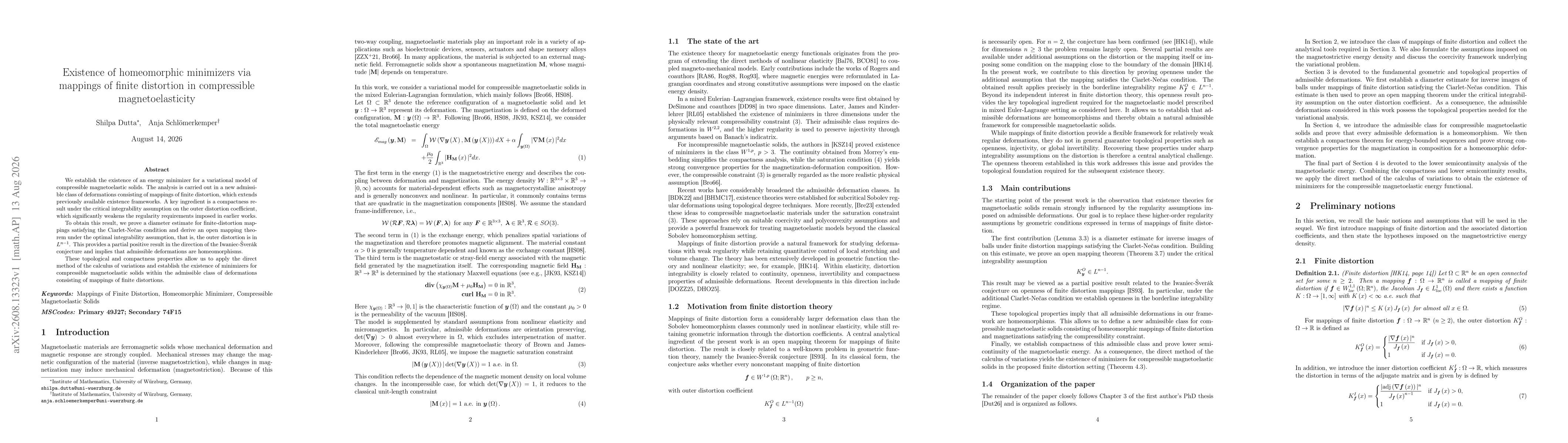 Thumbnail for Existence of homeomorphic minimizers via mappings of finite distortion in compressible magnetoelasticity