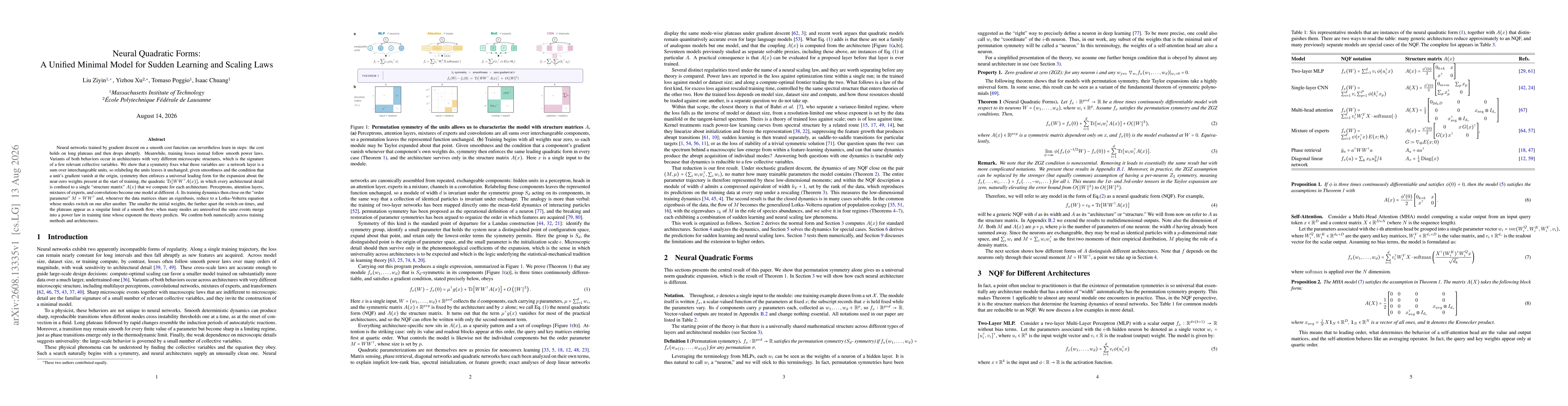 Thumbnail for Neural Quadratic Forms: A Unified Minimal Model for Sudden Learning and Scaling Laws