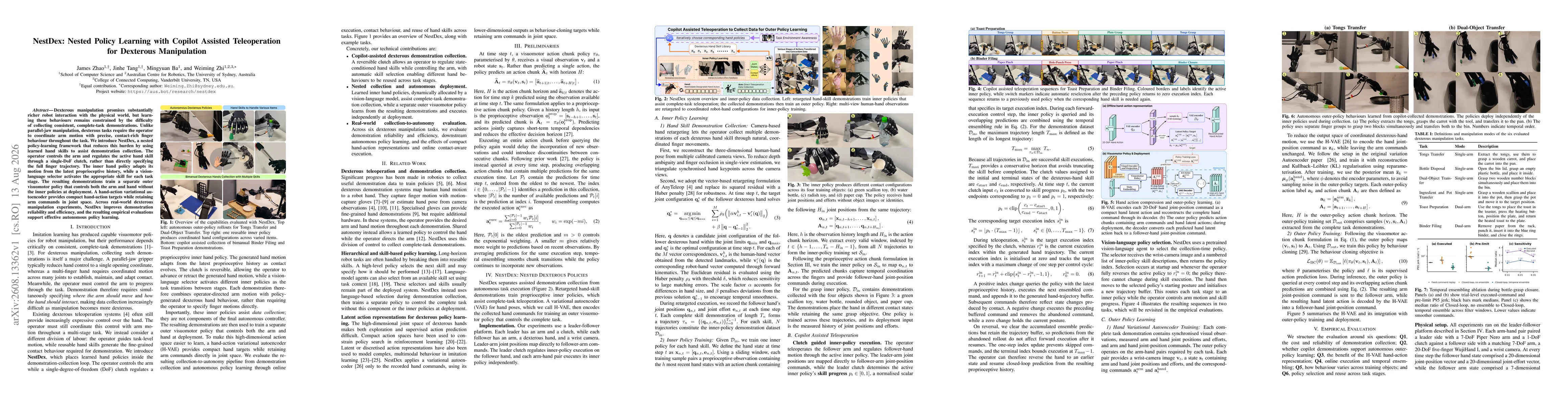 Thumbnail for NestDex: Nested Policy Learning with Copilot Assisted Teleoperation for Dexterous Manipulation