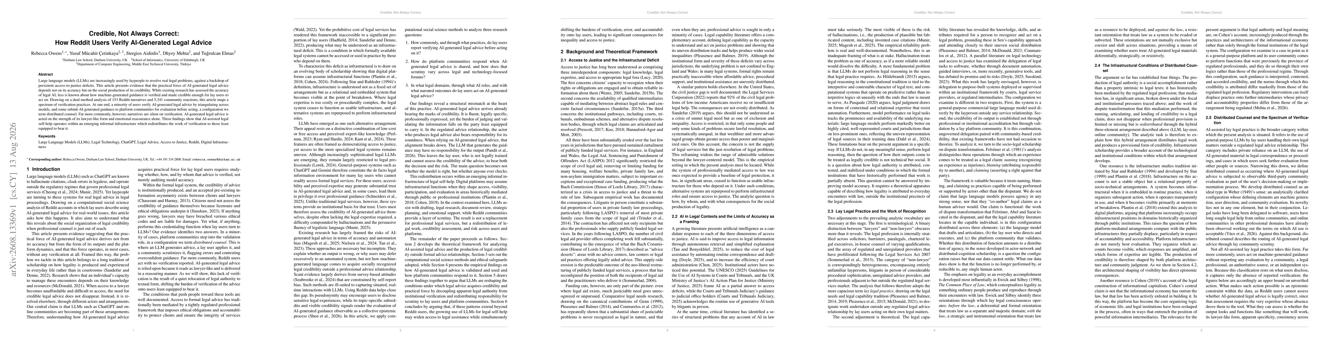 Thumbnail for Credible, Not Always Correct: How Reddit Users Verify AI-Generated Legal Advice