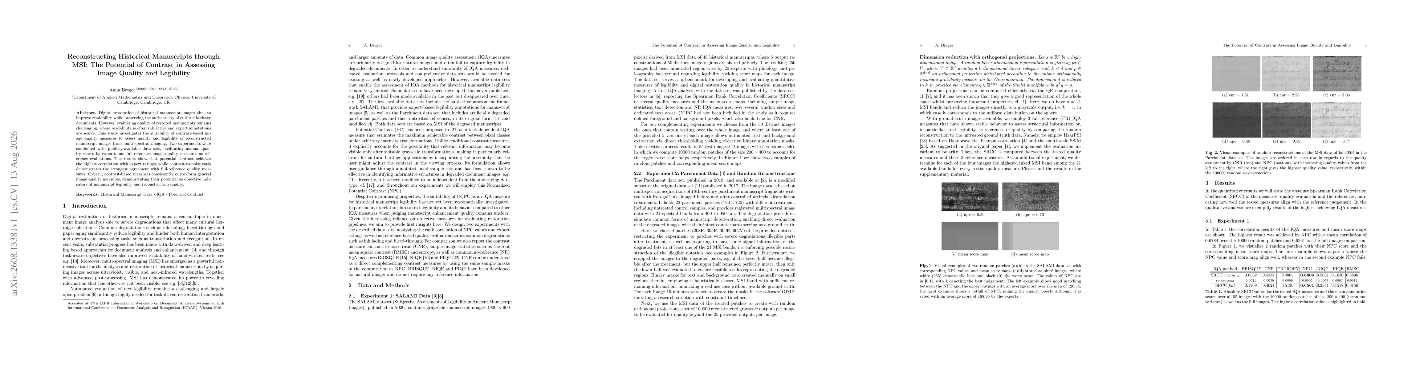 Thumbnail for Reconstructing Historical Manuscripts through MSI: The Potential of Contrast in Assessing Image Quality and Legibility