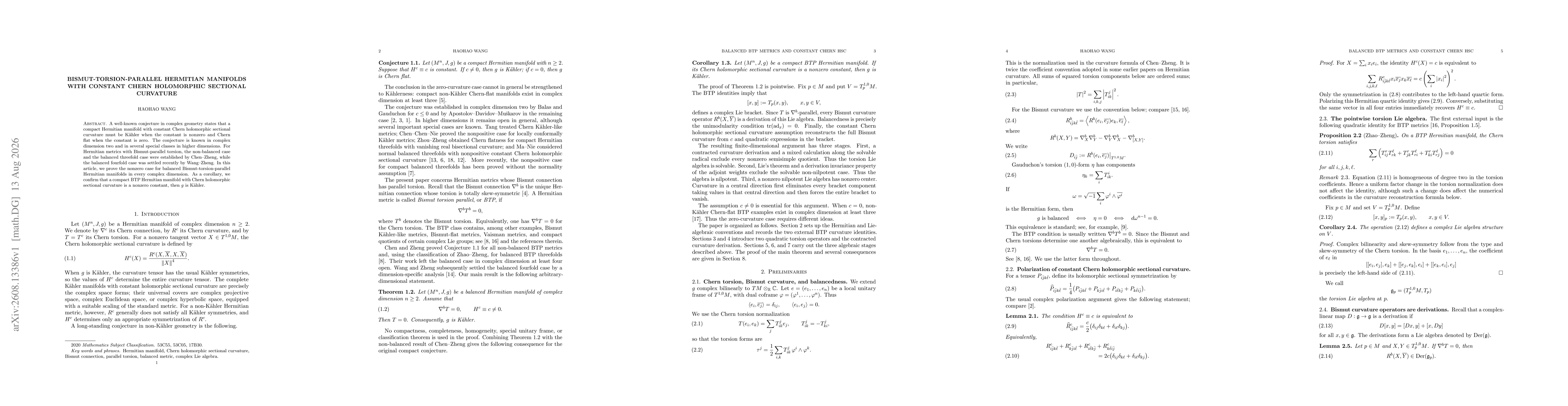 Thumbnail for Bismut-Torsion-Parallel Hermitian Manifolds With Constant Chern Holomorphic Sectional Curvature