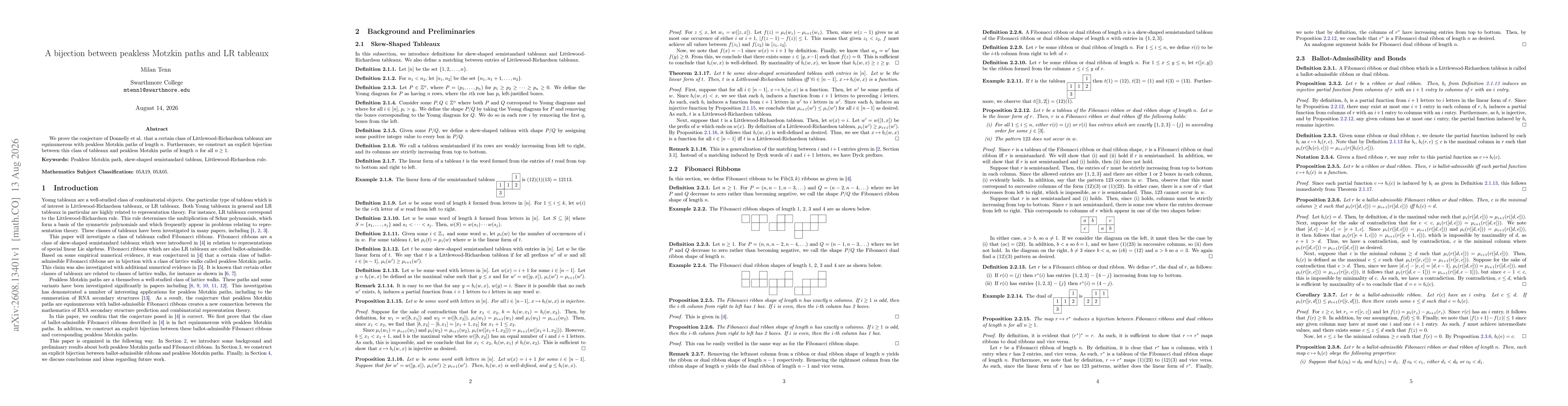 Thumbnail for A bijection between peakless Motzkin paths and LR tableaux