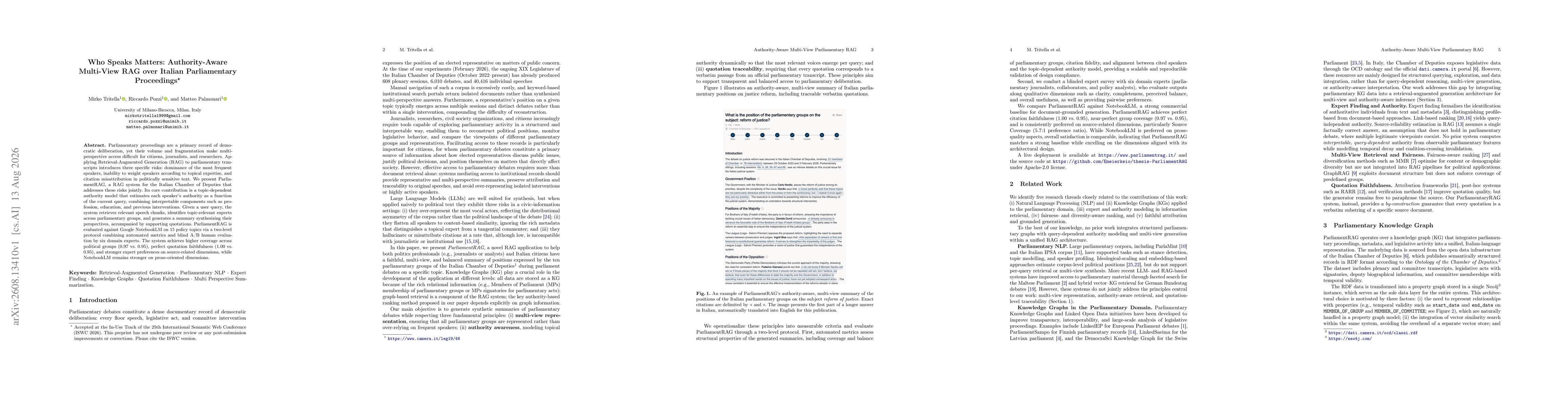 Thumbnail for Who Speaks Matters: Authority-Aware Multi-View RAG over Italian Parliamentary Proceedings