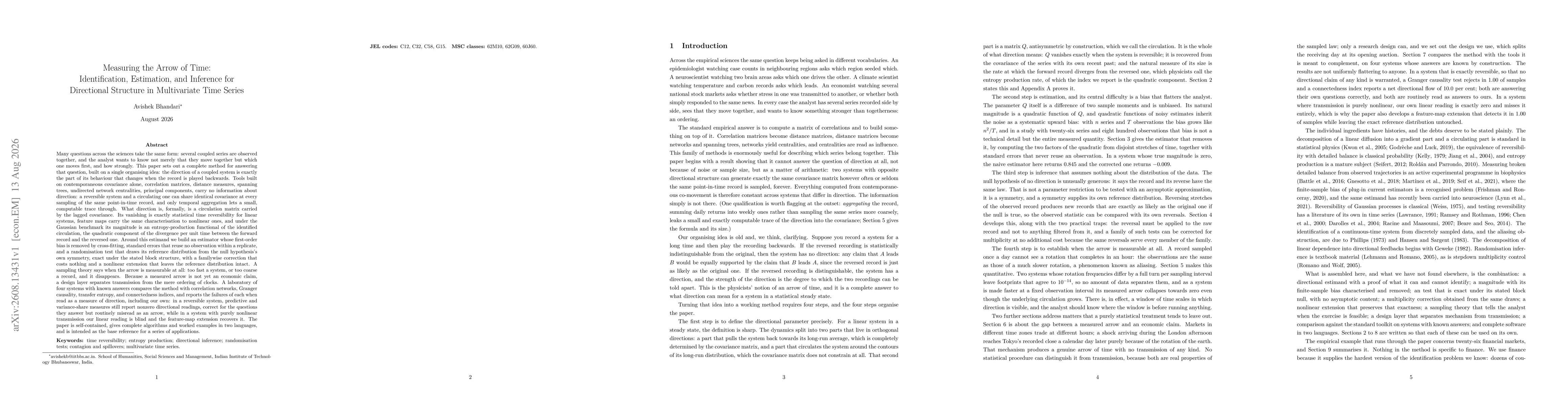 Thumbnail for Measuring the Arrow of Time: Identification, Estimation, and Inference for Directional Structure in Multivariate Time Series