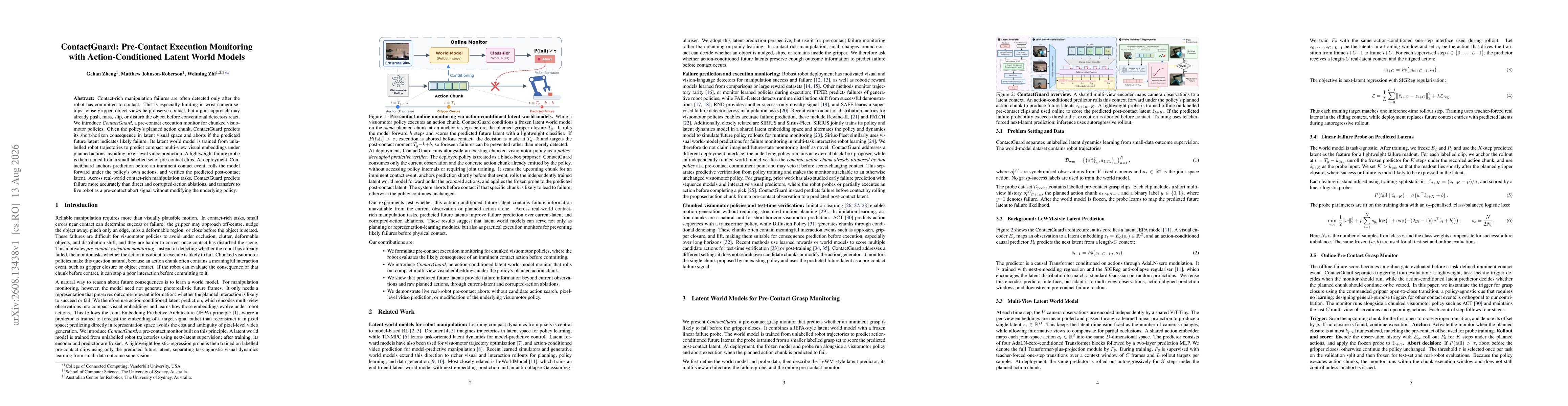 Thumbnail for ContactGuard: Pre-Contact Execution Monitoring with Action-Conditioned Latent World Models