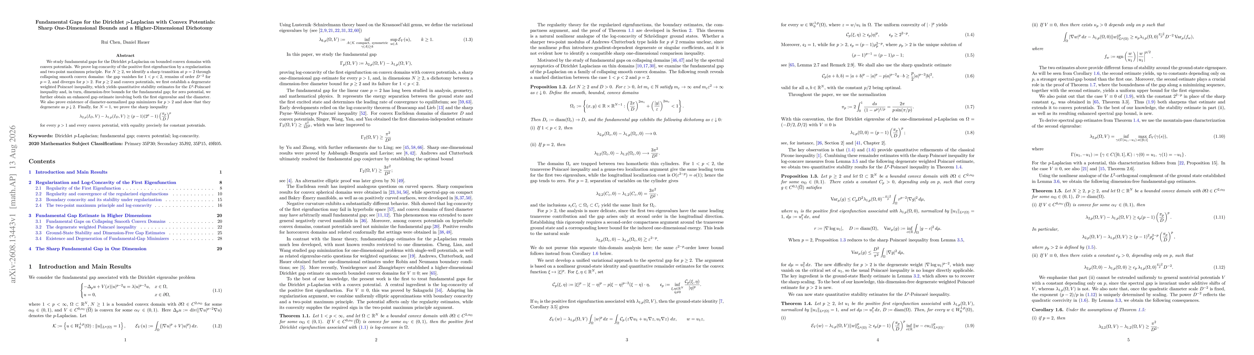 Thumbnail for Fundamental Gaps for the Dirichlet \(p\)-Laplacian with Convex Potentials: Sharp One-Dimensional Bounds and a Higher-Dimensional Dichotomy