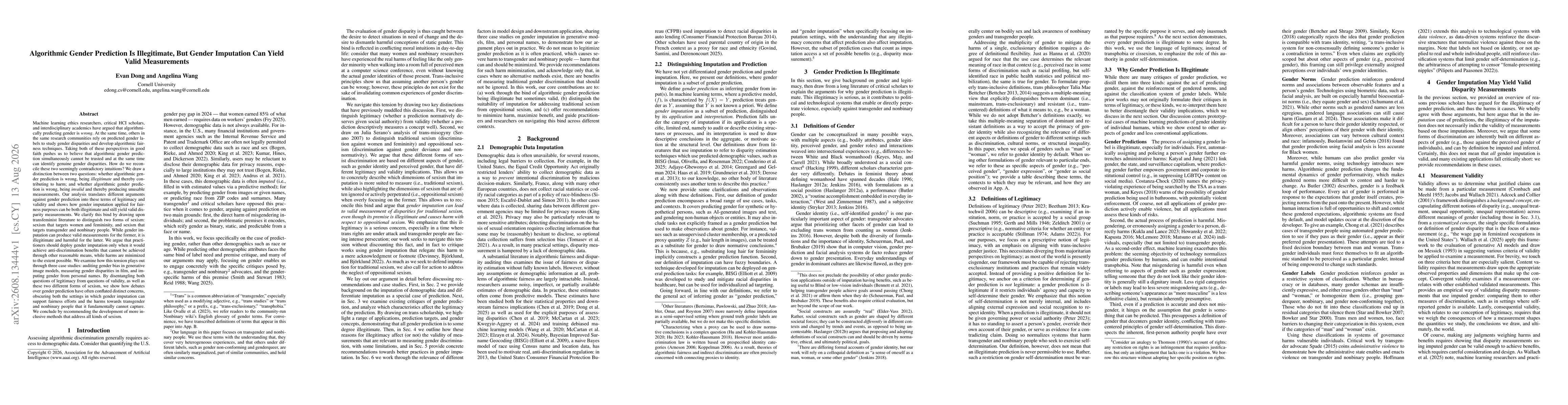 Thumbnail for Algorithmic Gender Prediction Is Illegitimate, But Gender Imputation Can Yield Valid Measurements