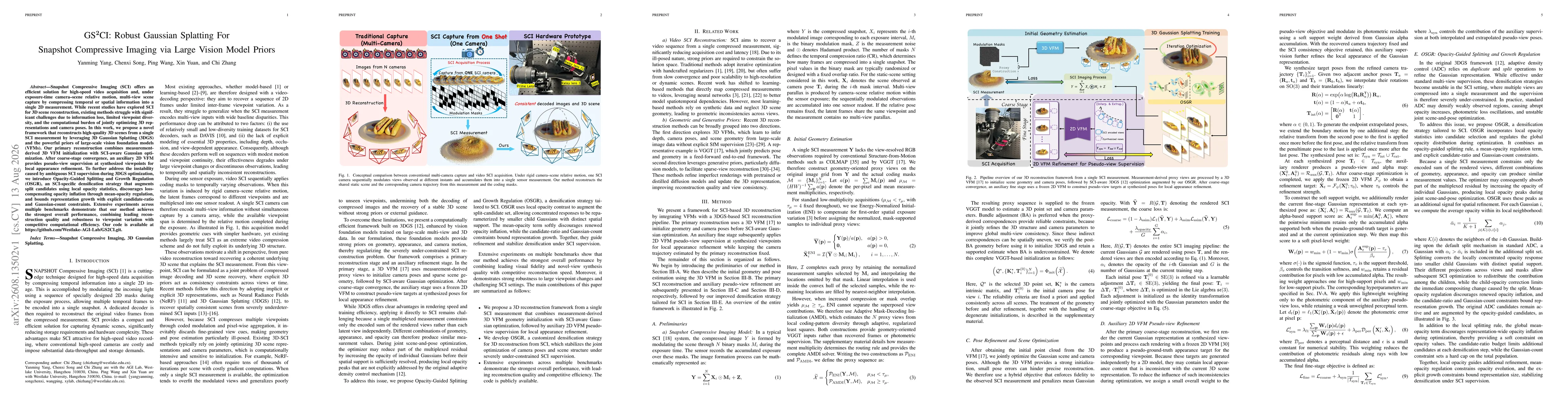 Thumbnail for GS$^{2}$CI: Robust Gaussian Splatting For Snapshot Compressive Imaging via Large Vision Model Priors