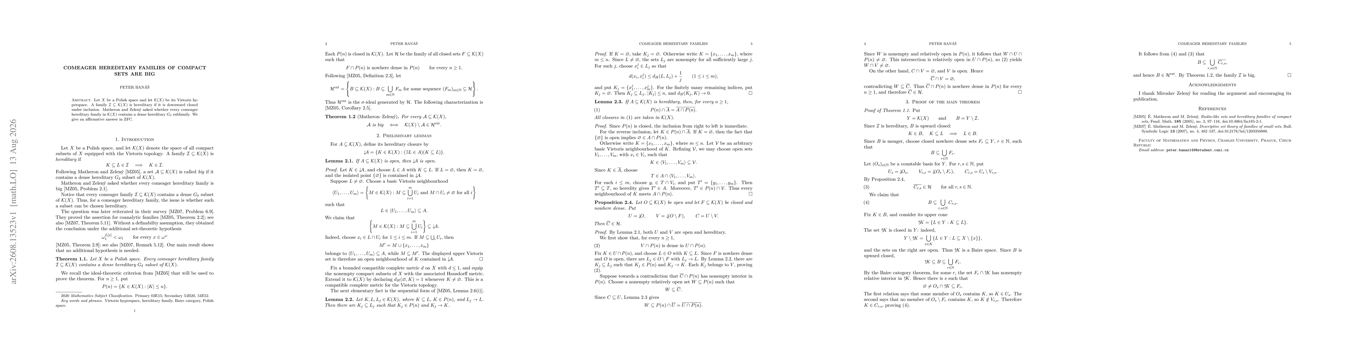 Thumbnail for Comeager hereditary families of compact sets are big