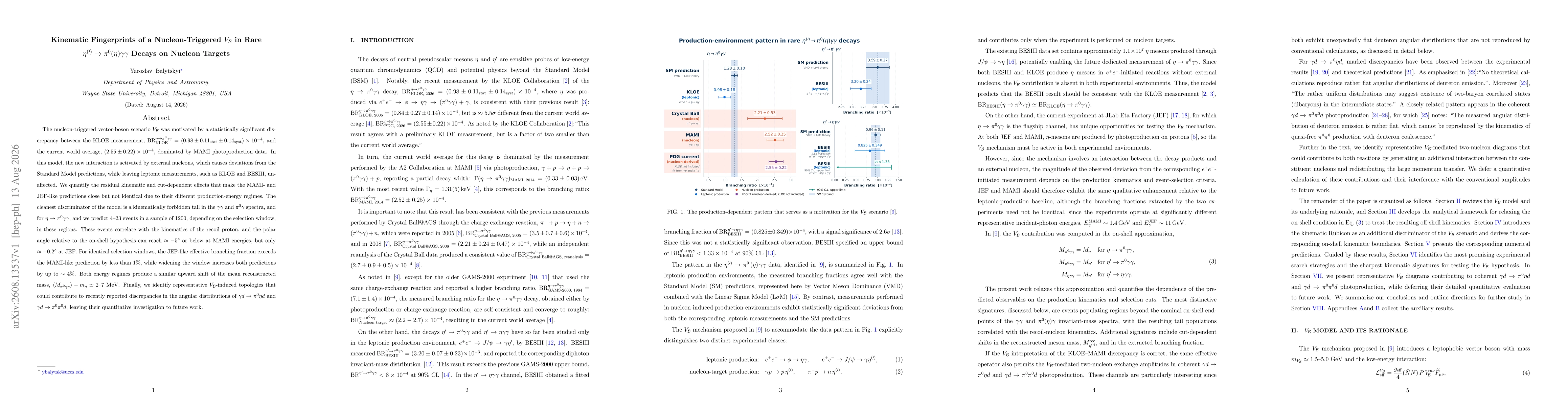 Thumbnail for Kinematic Fingerprints of a Nucleon-Triggered $V_{\mathcal{B}}$ in Rare $η^{(\prime)}\toπ^0(η)γγ$ Decays on Nucleon Targets
