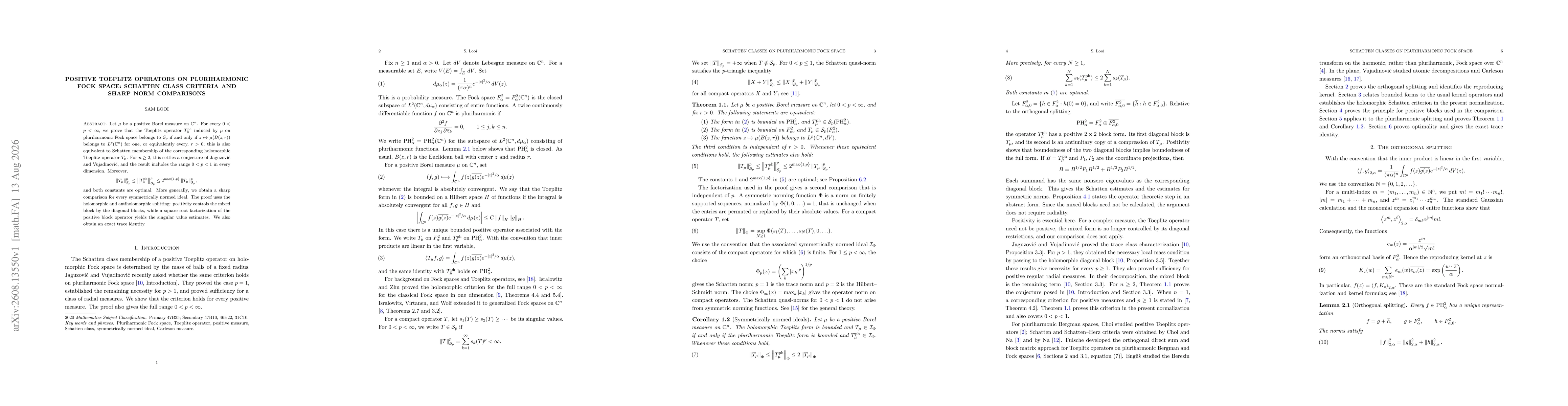 Thumbnail for Positive Toeplitz operators on pluriharmonic Fock space: Schatten class criteria and sharp norm comparisons