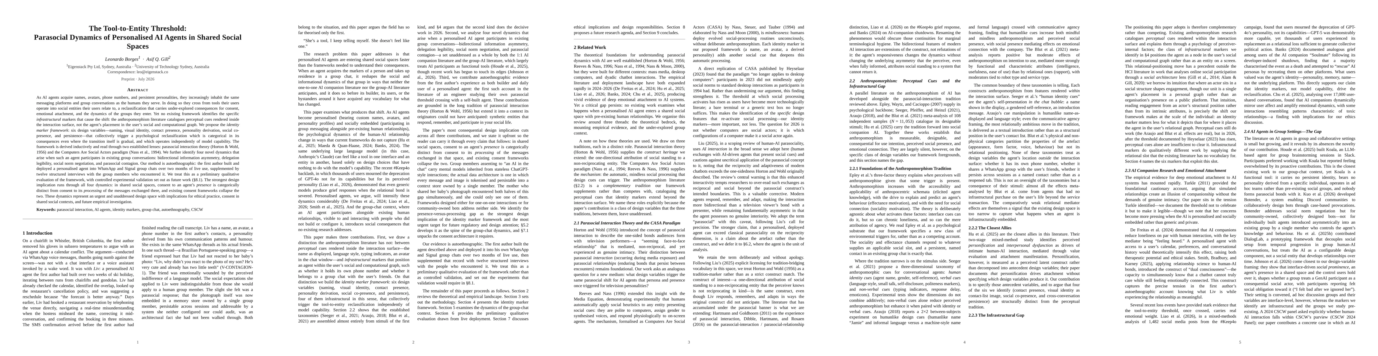 Thumbnail for The Tool-to-Entity Threshold: Parasocial Dynamics of Personalised AI Agents in Shared Social Spaces