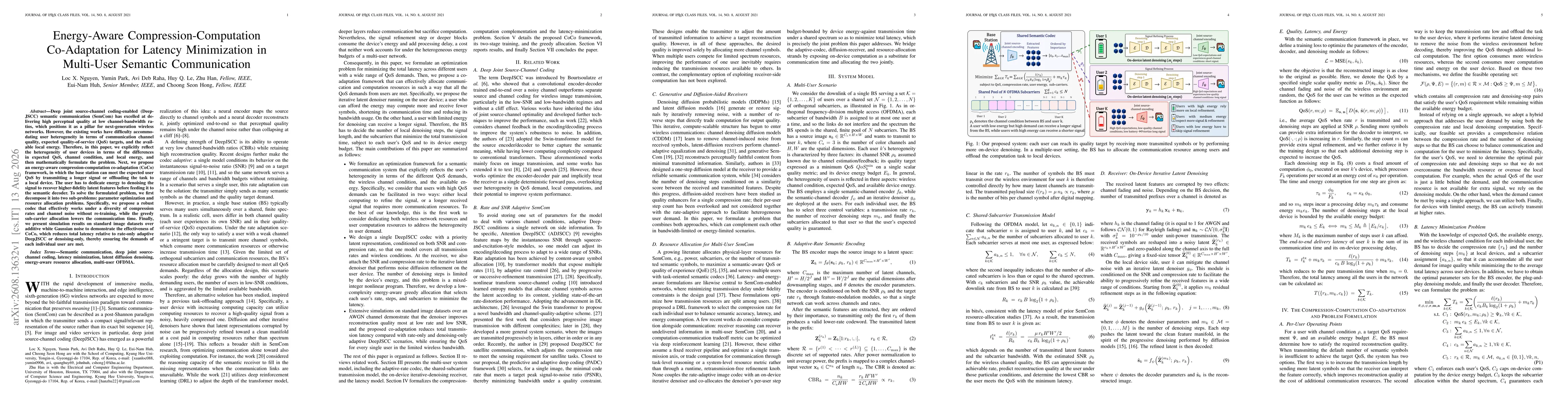 Thumbnail for Energy-Aware Compression-Computation Co-Adaptation for Latency Minimization in Multi-User Semantic Communication