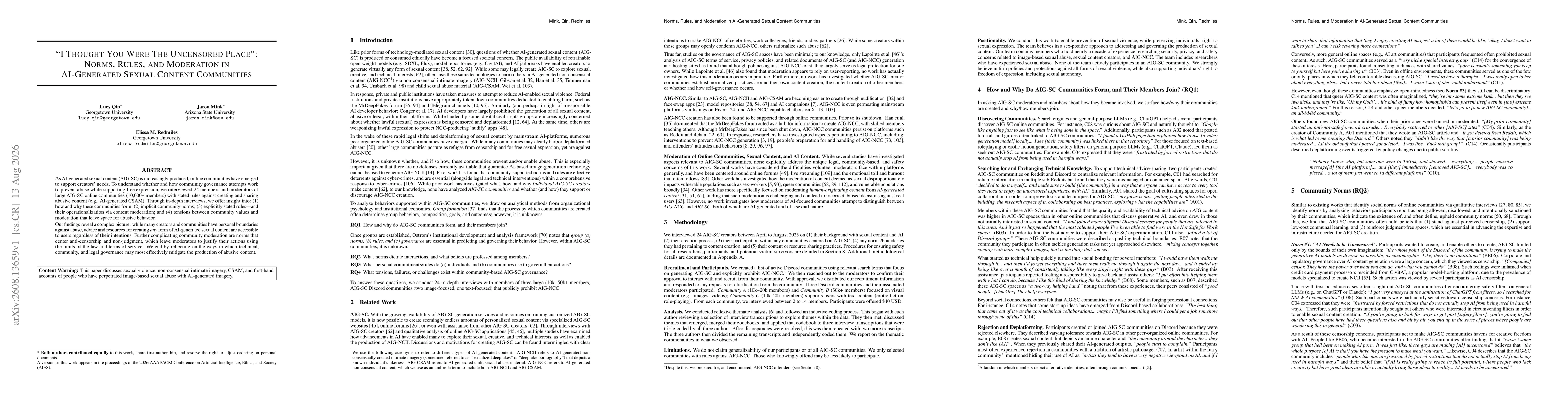 Thumbnail for "I Thought You Were The Uncensored Place": Norms, Rules, and Moderation in AI-Generated Sexual Content Communities