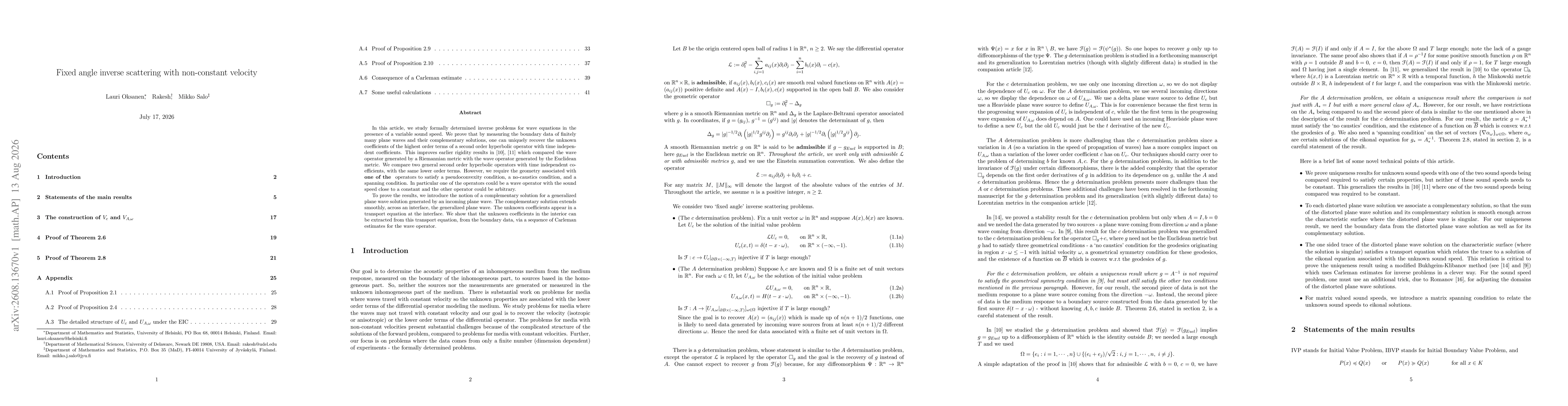 Thumbnail for Fixed angle inverse scattering with non-constant velocity
