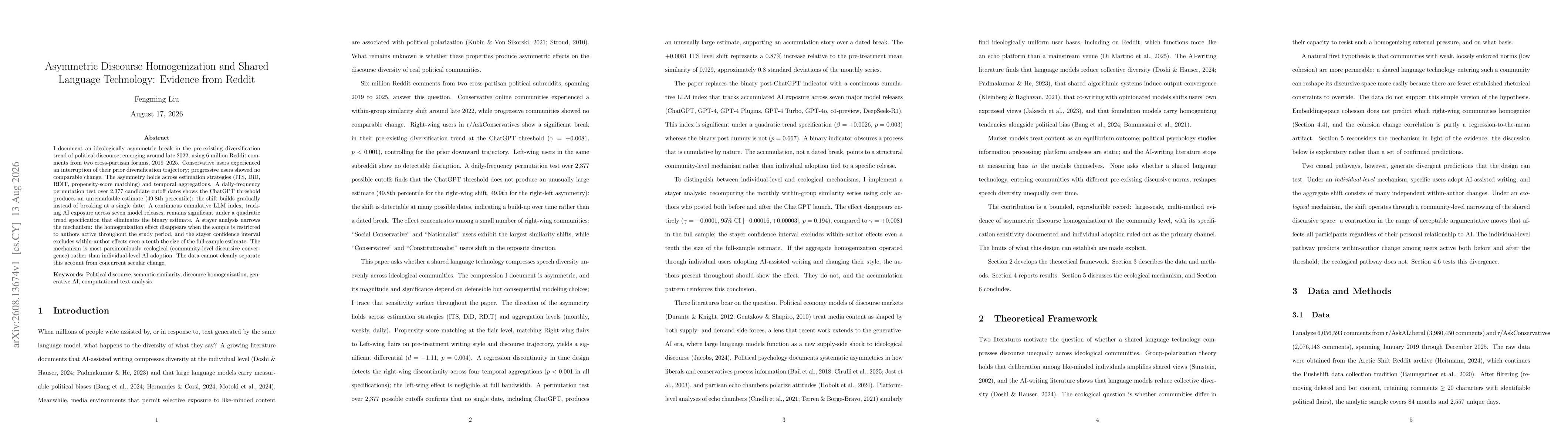 Thumbnail for Asymmetric Discourse Homogenization and Shared Language Technology: Evidence from Reddit