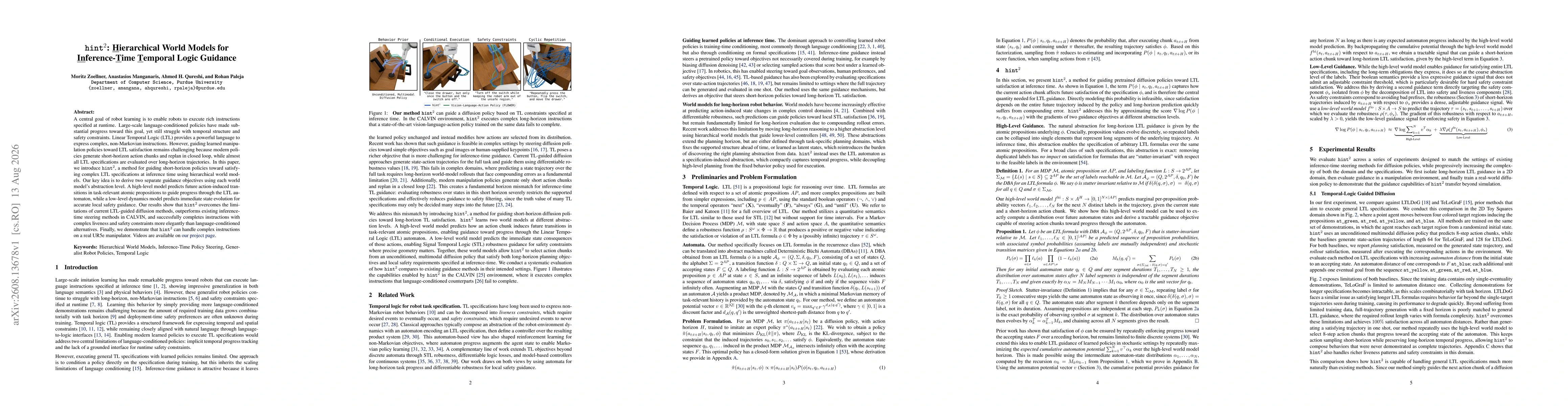Thumbnail for hint$^2$: Hierarchical World Models for Inference-Time Temporal Logic Guidance