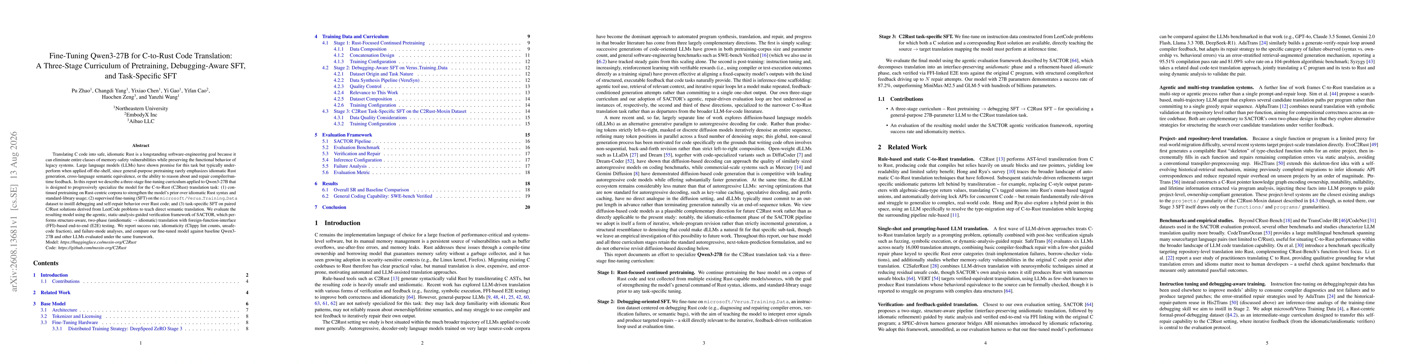 Thumbnail for Fine-Tuning Qwen3-27B for C-to-Rust Code Translation: A Three-Stage Curriculum of Pretraining, Debugging-Aware SFT, and Task-Specific SFT