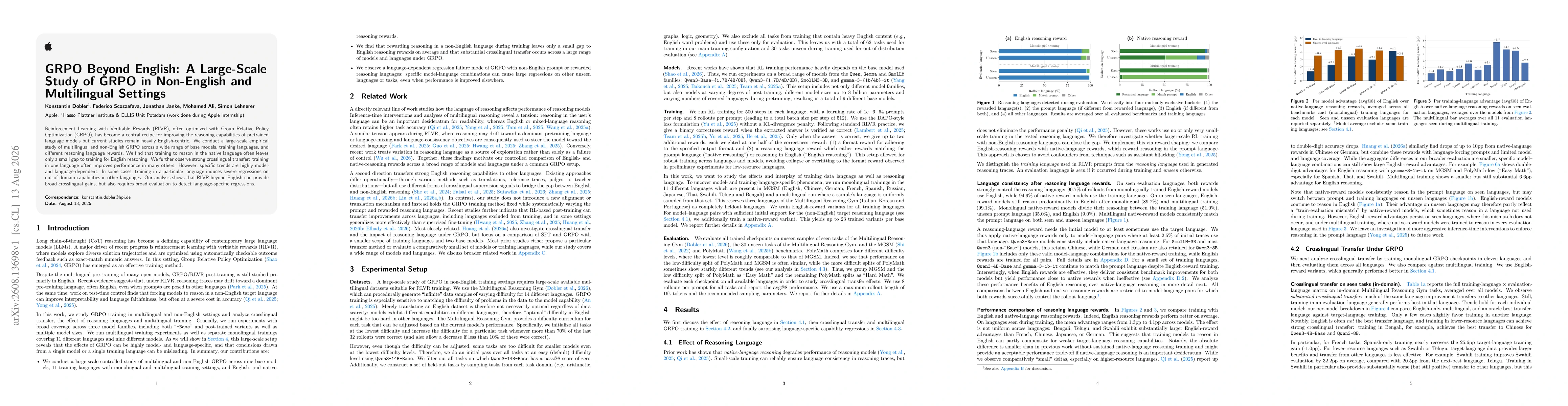 Thumbnail for GRPO Beyond English: A Large-Scale Study of GRPO in Non-English and Multilingual Settings