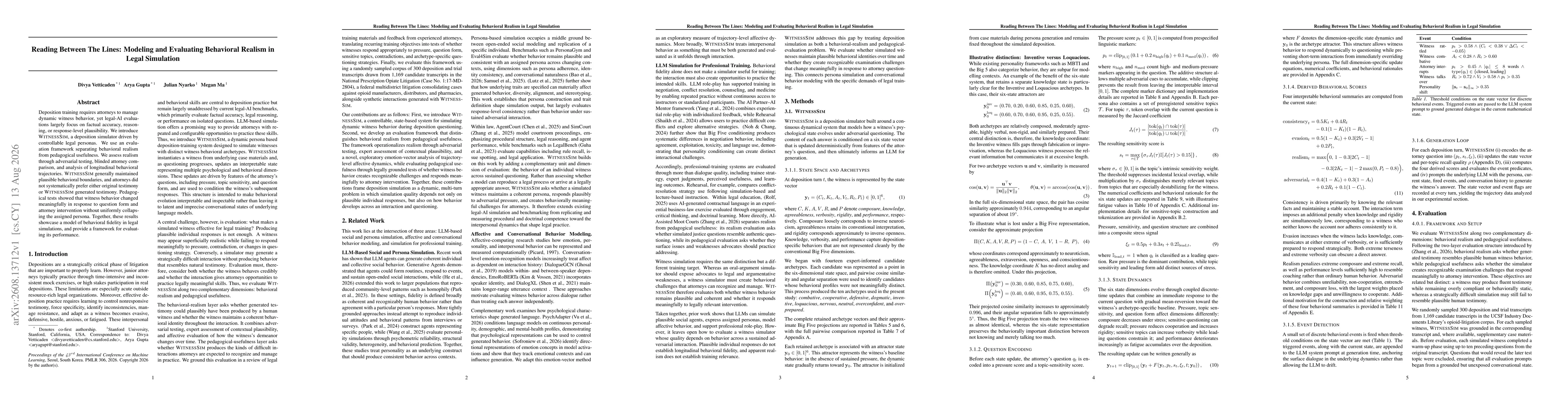 Thumbnail for Reading Between The Lines: Modeling and Evaluating Behavioral Realism in Legal Simulation