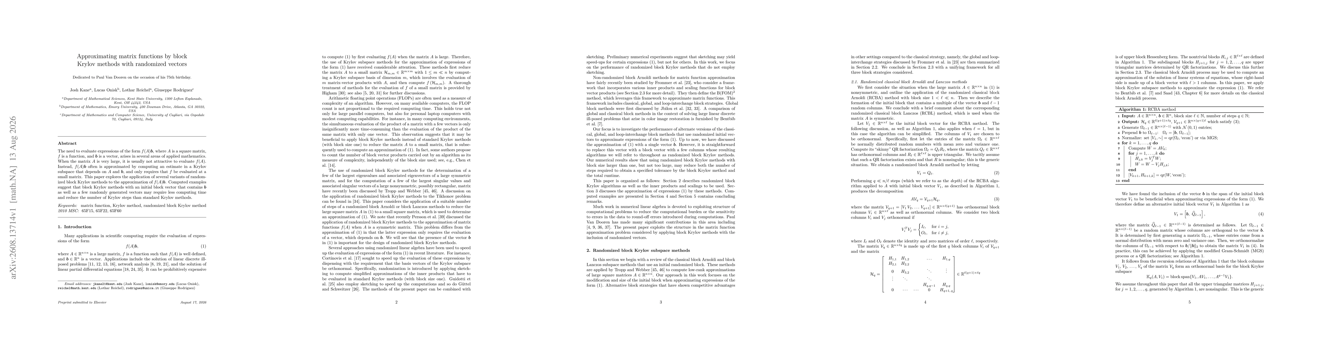 Thumbnail for Approximating matrix functions by block Krylov methods with randomized vectors