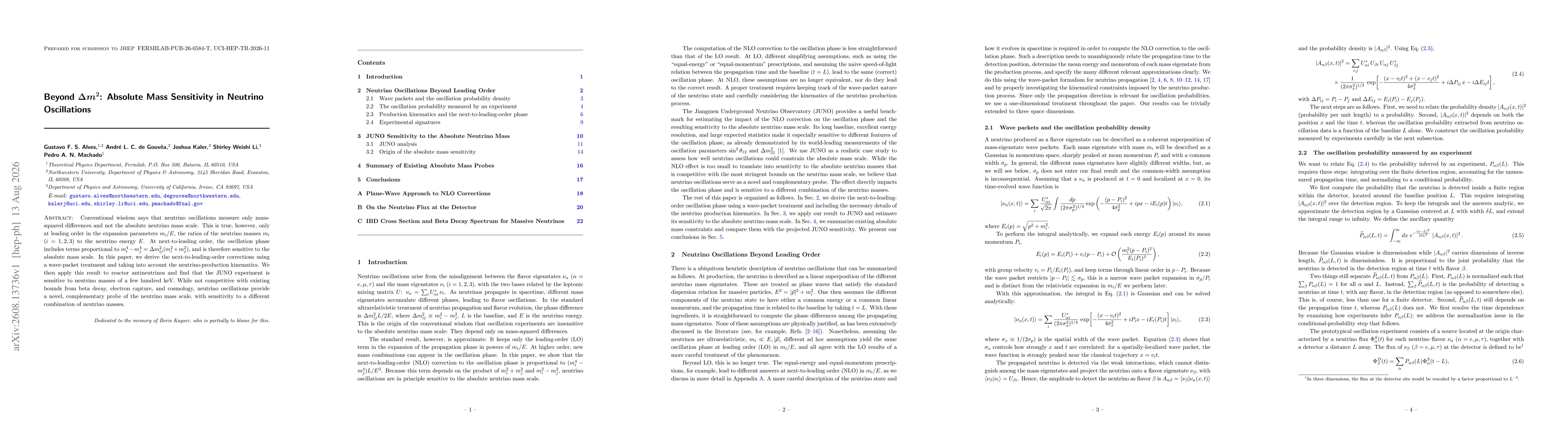 Thumbnail for Beyond $Δm^2$: Absolute Mass Sensitivity in Neutrino Oscillations
