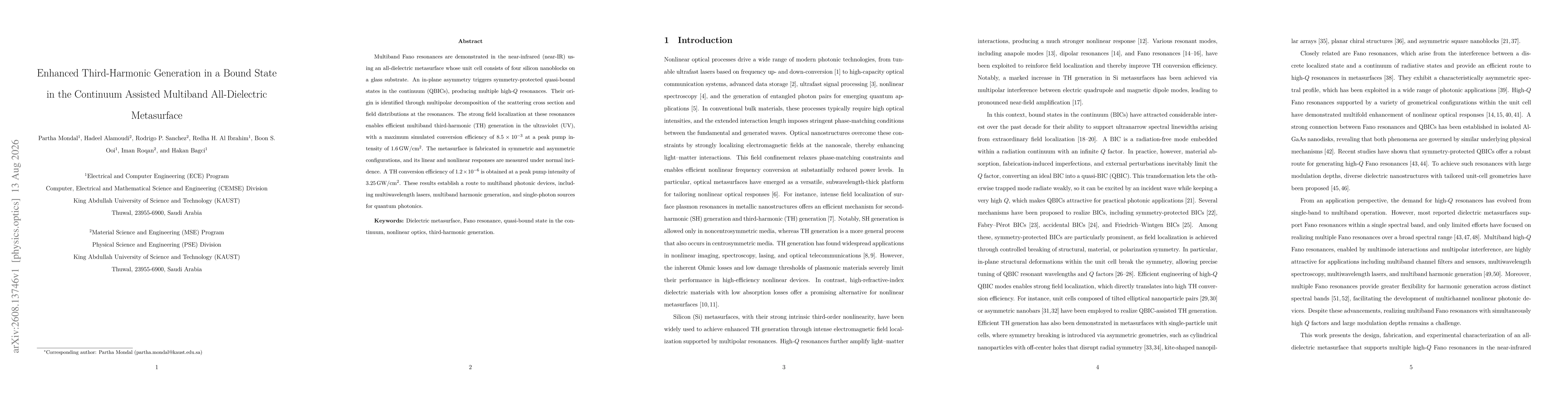 Thumbnail for Enhanced Third-Harmonic Generation in a Bound State in the Continuum Assisted Multiband All-Dielectric Metasurface