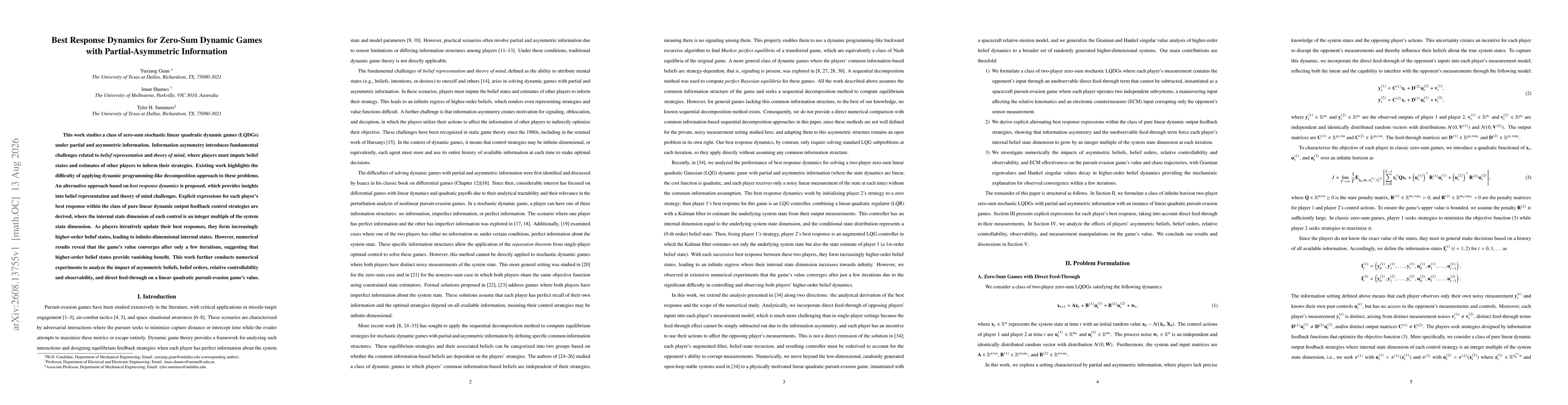 Thumbnail for Best Response Dynamics for Zero-Sum Dynamic Games with Partial-Asymmetric Information