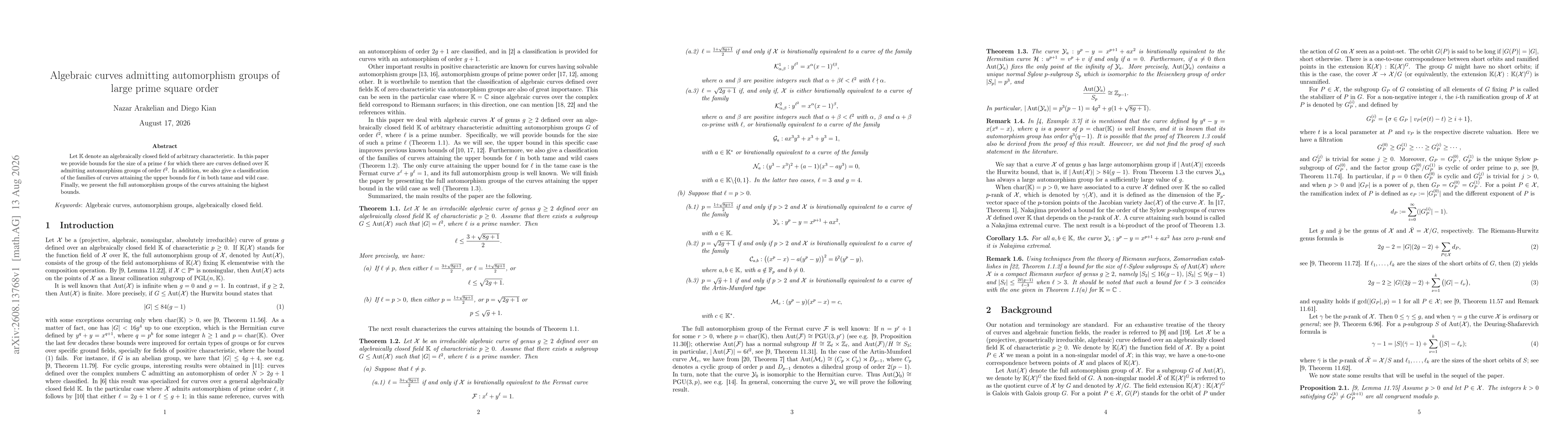 Thumbnail for Algebraic curves admitting automorphism groups of large prime square order