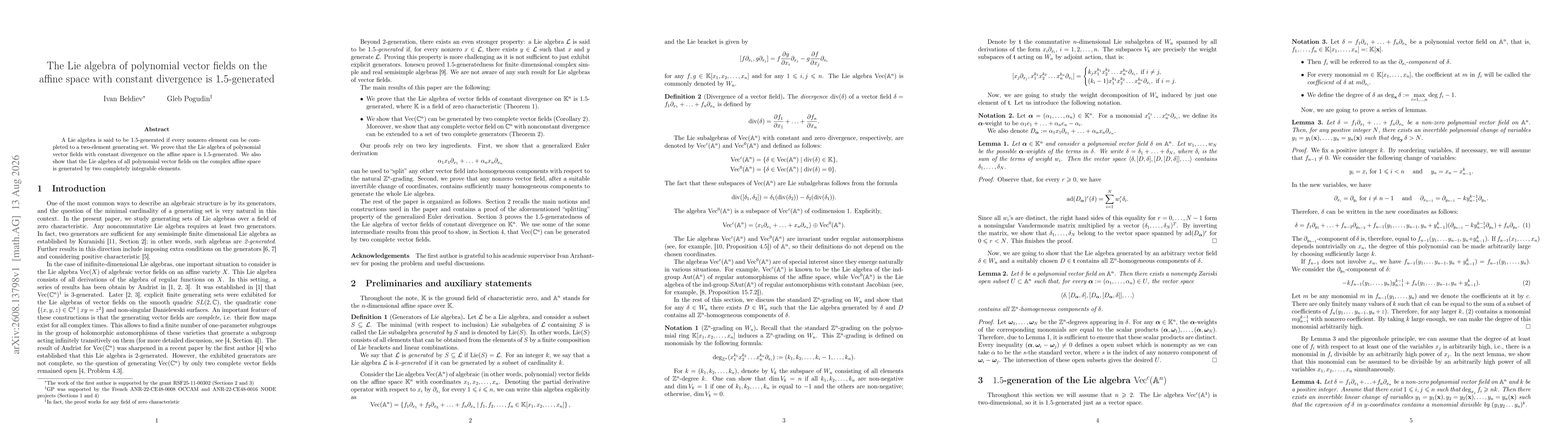 Thumbnail for The Lie algebra of polynomial vector fields on the affine space with constant divergence is $1.5$-generated