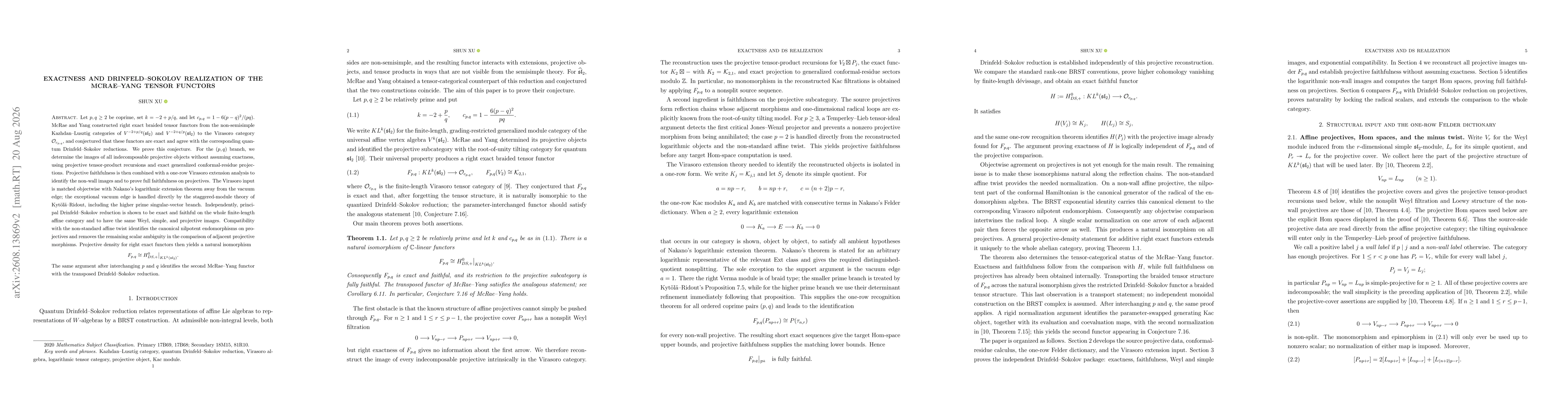 Thumbnail for Exactness and Drinfeld-Sokolov Realization of the McRae-Yang Tensor Functors