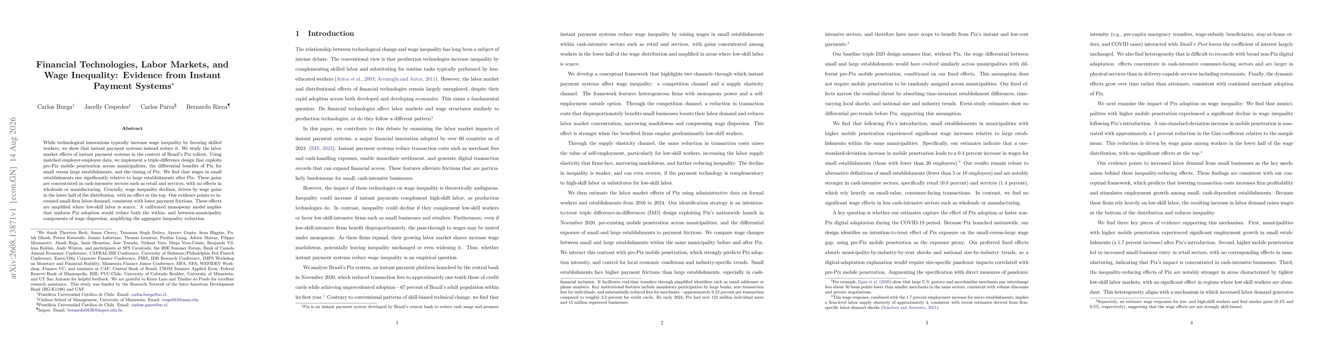 Thumbnail for Financial Technologies, Labor Markets, and Wage Inequality: Evidence from Instant Payment Systems