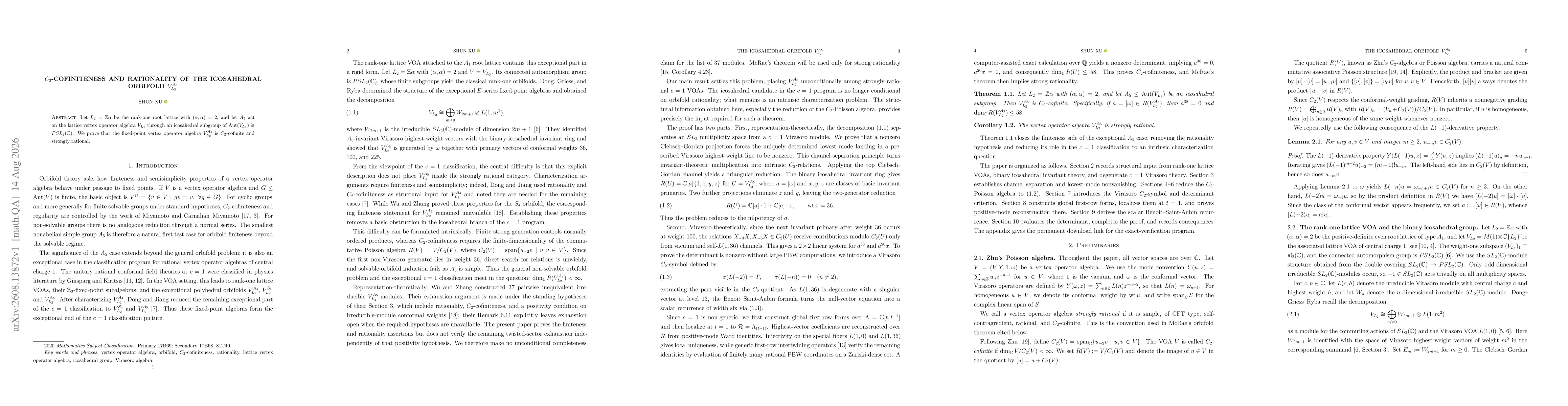 Thumbnail for $C_2$-Cofiniteness and Rationality of the Icosahedral Orbifold $V_{L_2}^{A_5}$
