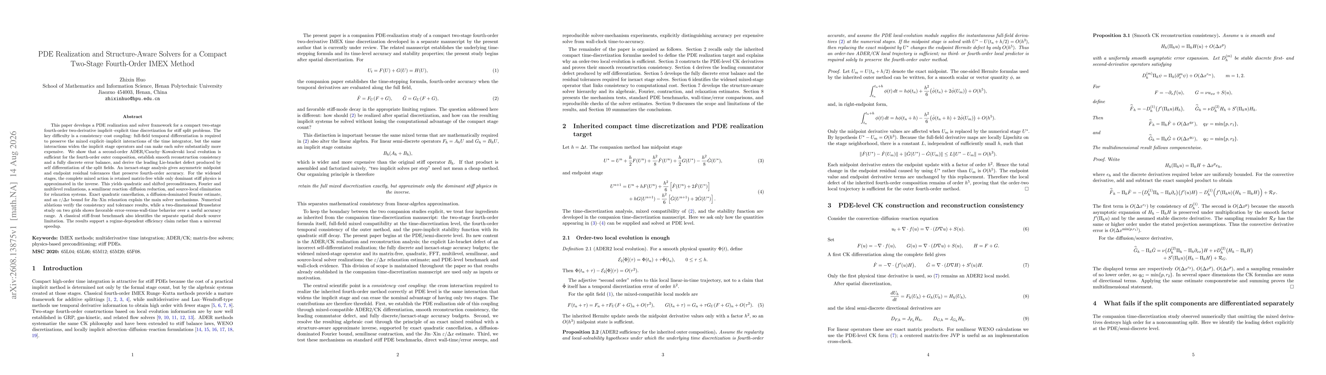 Thumbnail for PDE Realization and Structure-Aware Solvers for a Compact Two-Stage Fourth-Order IMEX Method