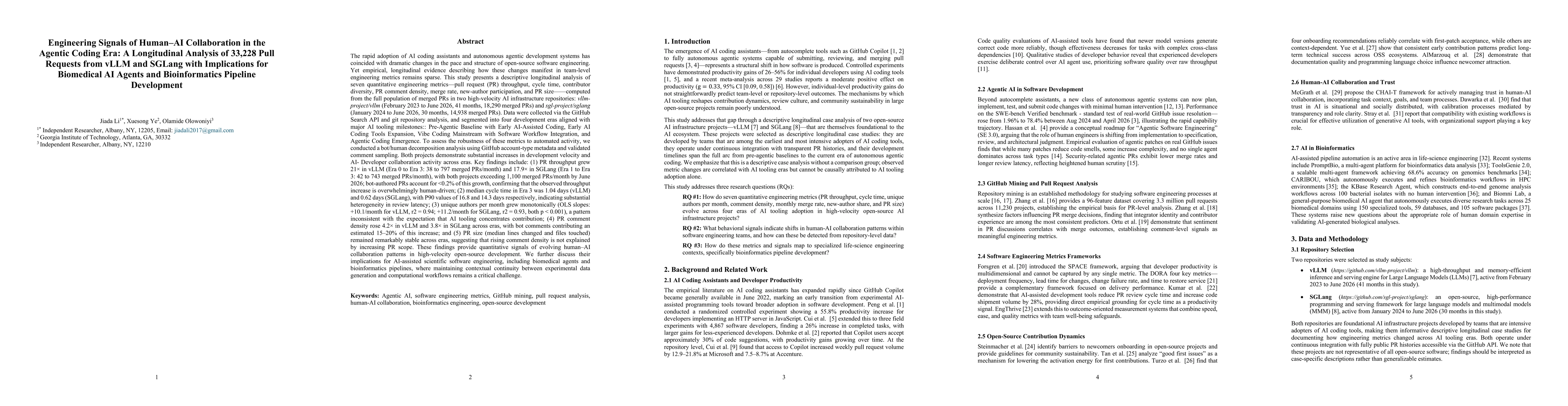Thumbnail for Engineering Signals of Human-AI Collaboration in the Agentic Coding Era: A Longitudinal Analysis of 33,228 Pull Requests from vLLM and SGLang with Implications for Biomedical AI Agents and Bioinformatics Pipeline Developmen