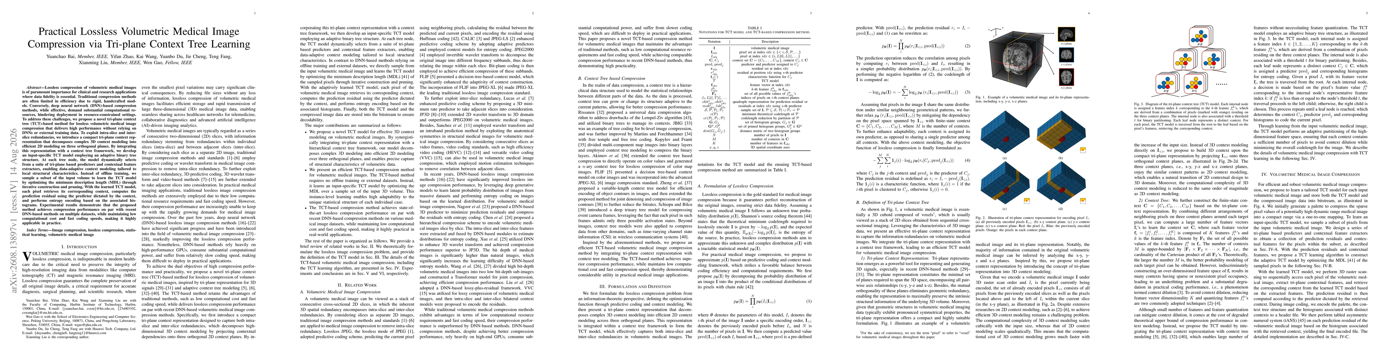 Thumbnail for Practical Lossless Volumetric Medical Image Compression via Tri-plane Context Tree Learning