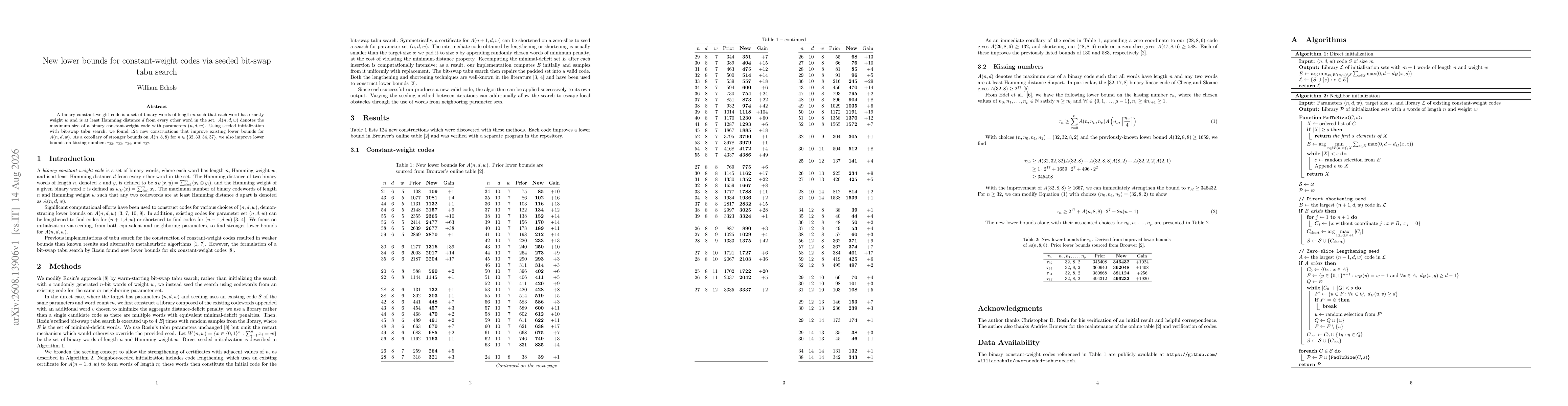 Thumbnail for New lower bounds for constant-weight codes via seeded bit-swap tabu search