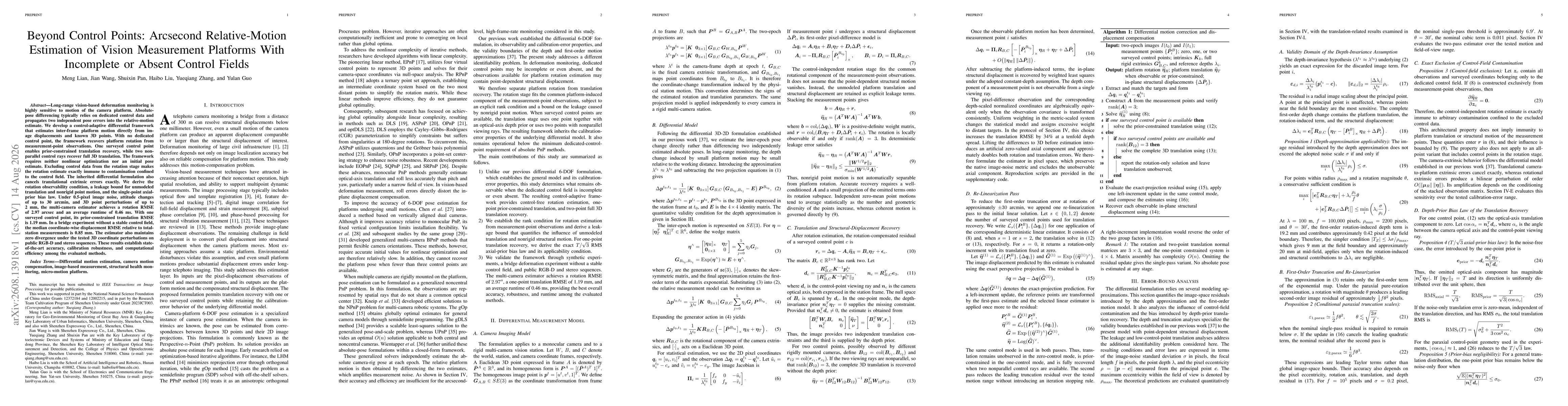Thumbnail for Beyond Control Points: Arcsecond Relative-Motion Estimation of Vision Measurement Platforms With Incomplete or Absent Control Fields