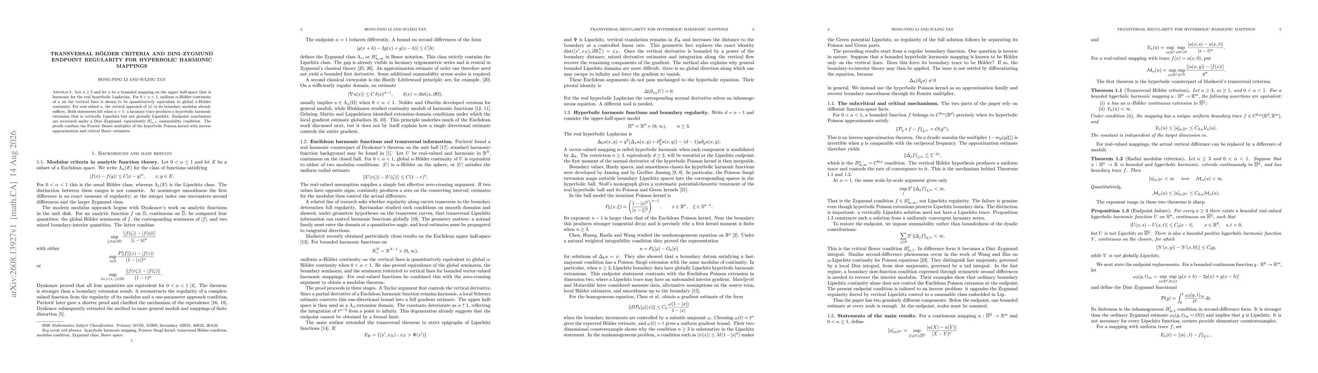 Thumbnail for Transversal Hölder Criteria and Dini--Zygmund Endpoint Regularity for Hyperbolic Harmonic Mappings