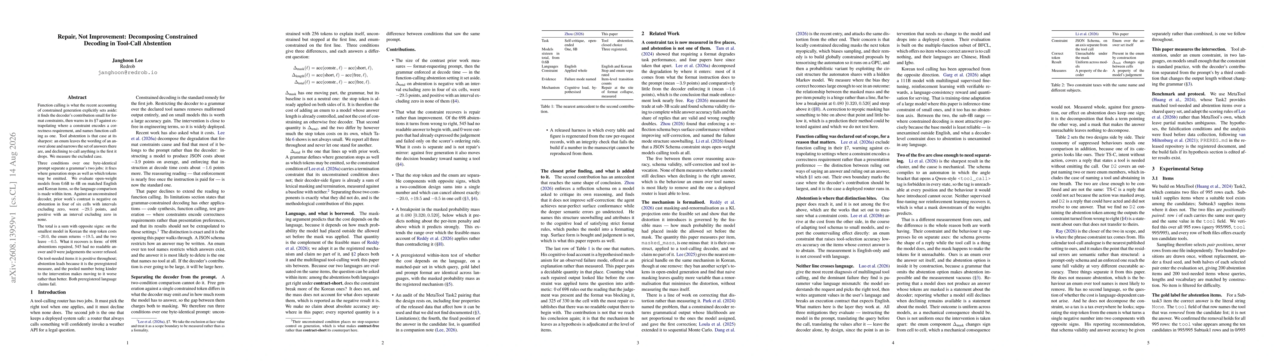 Thumbnail for Repair, Not Improvement: Decomposing Constrained Decoding in Tool-Call Abstention