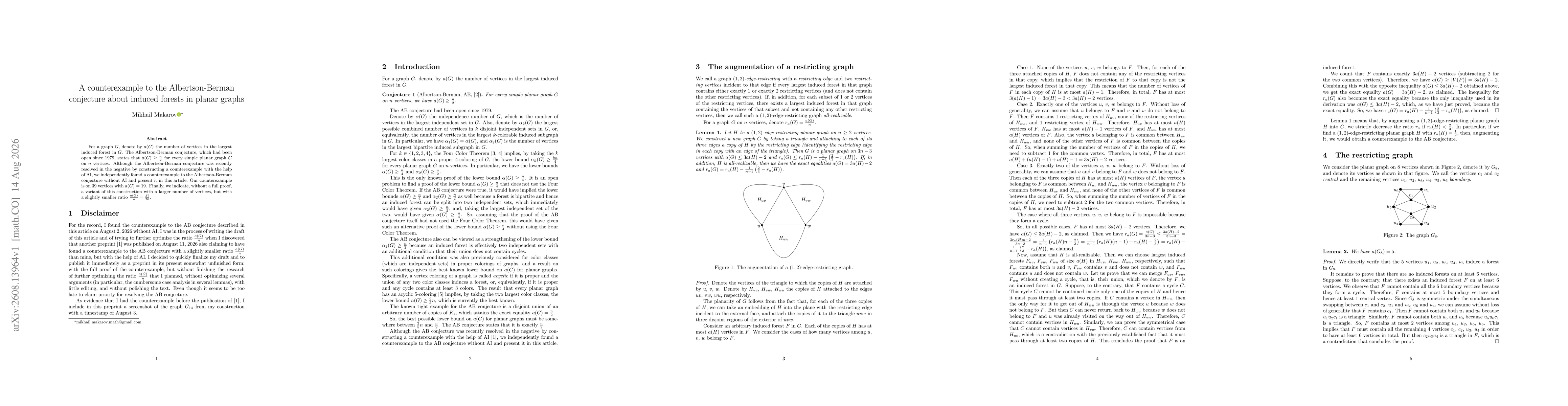 Thumbnail for A counterexample to the Albertson-Berman conjecture about induced forests in planar graphs