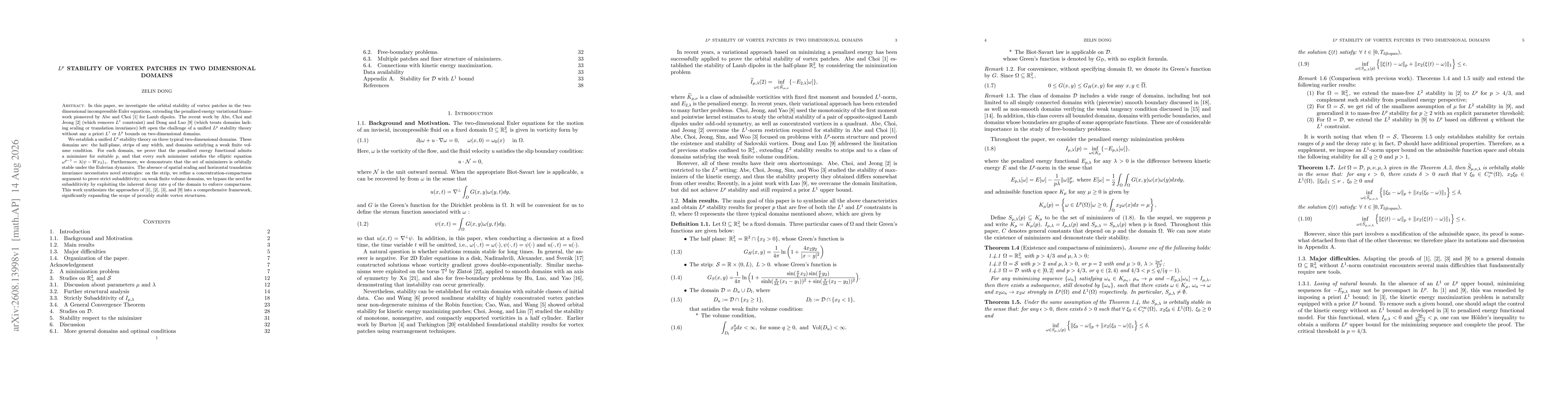 Thumbnail for $L^p$ Stability of Vortex Patches in Two Dimensional Domains