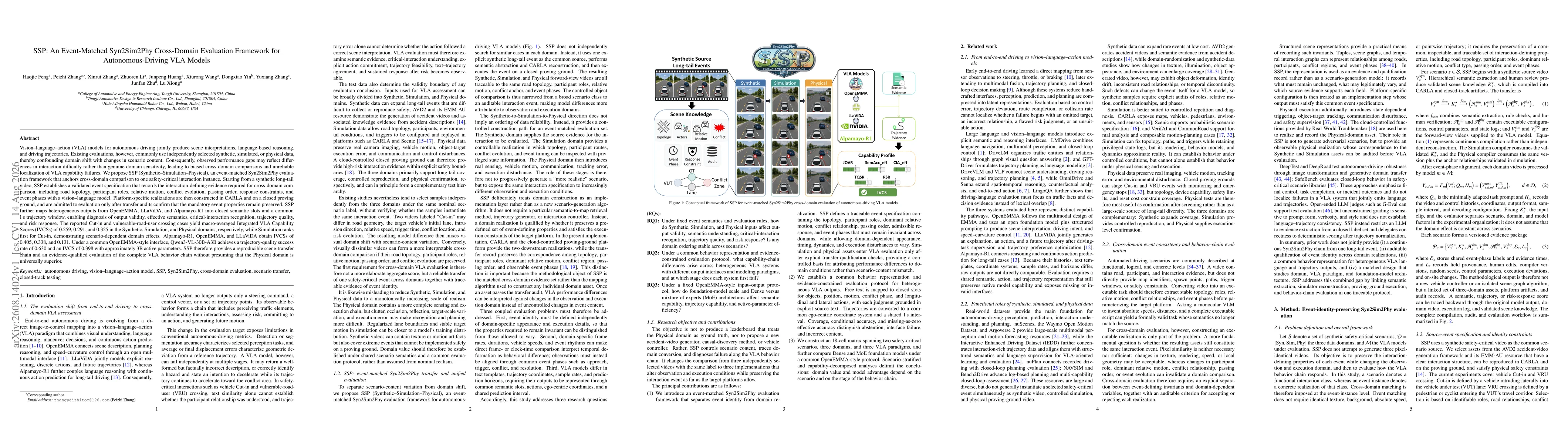 Thumbnail for SSP: An Event-Matched Syn2Sim2Phy Cross-Domain Evaluation Framework for Autonomous Driving VLA Models